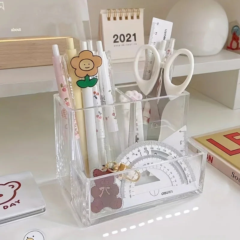 Acrylic 3-Grid Pen Holder | Clear Desktop Organizer Desktop Pen Organizer QXL