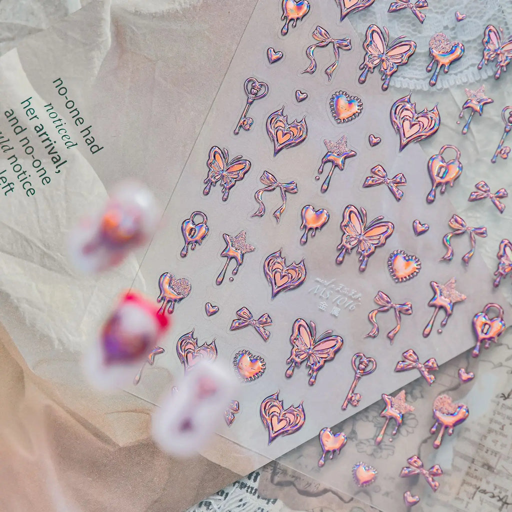 5D Nail Stickers – Vintage Key Heart Butterfly Retro Decals Nail Art Stickers QXL