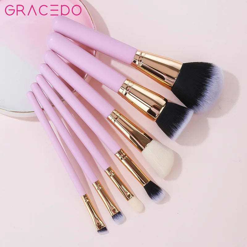 7-Piece Pink Makeup Brush Set | Wood Handle Nylon Bristles Makeup Brush Set QXL