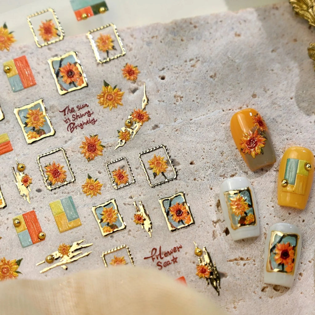5D Sunflower Nail Stickers | Vintage Floral Relief Decals Nail Art Stickers QXL
