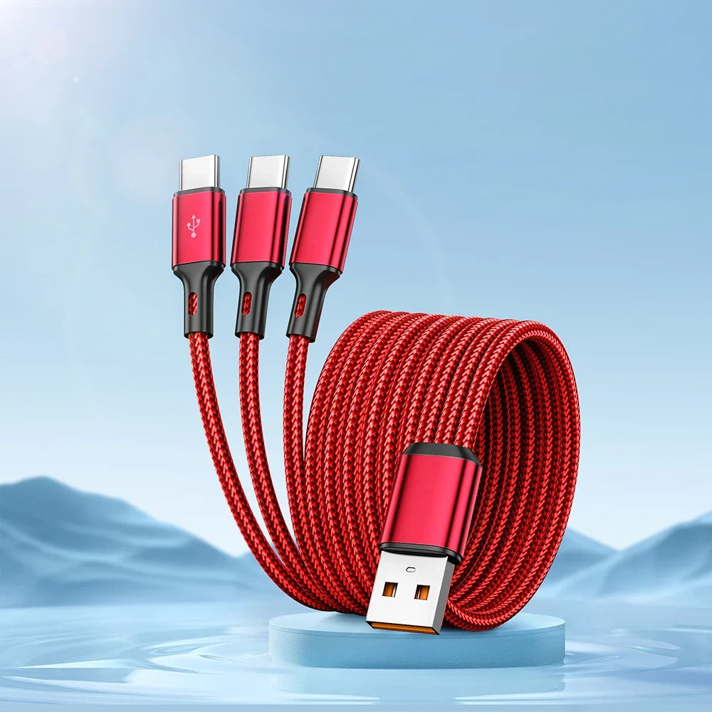 3-in-1 USB-A to USB-C 100W 6A Fast Charging Nylon Cable 1.2M USB Charging Cable QXL Red 1.2m