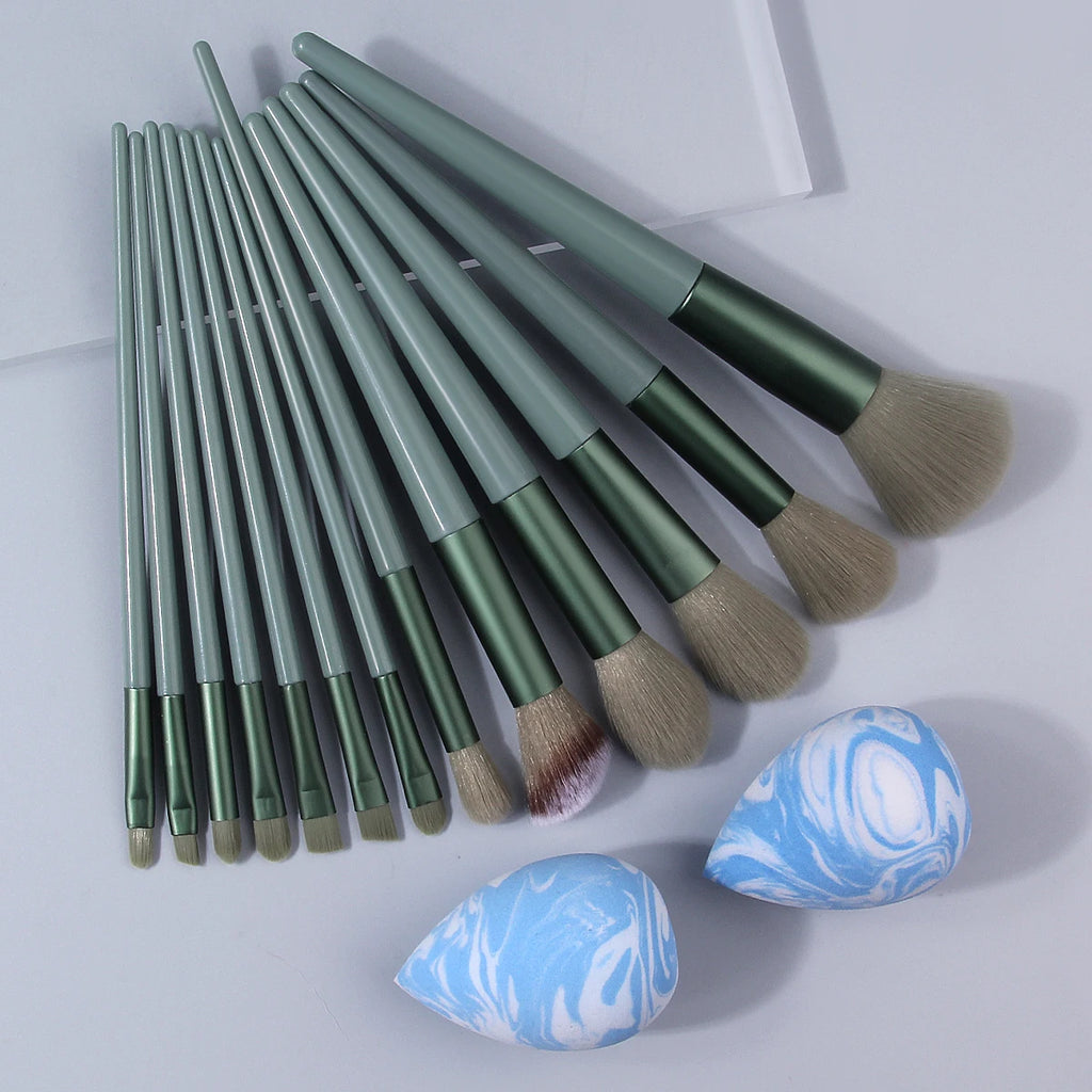 KOSSHOW 15-Pc Green Makeup Brush Set with Sponges Makeup Brush Set QXL
