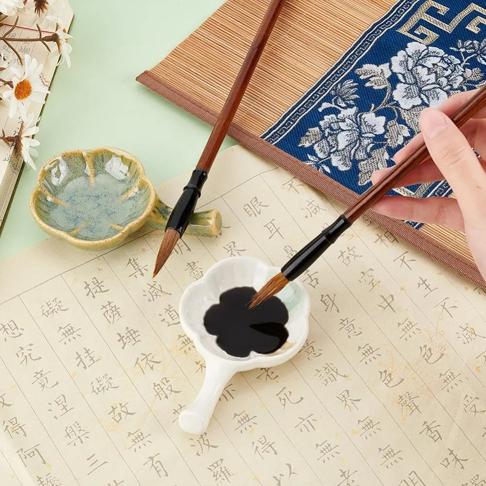 Ceramic Ink Dish Set of 2 | Flower Shape Calligraphy Brush Rest Ceramic Ink Dish QXL