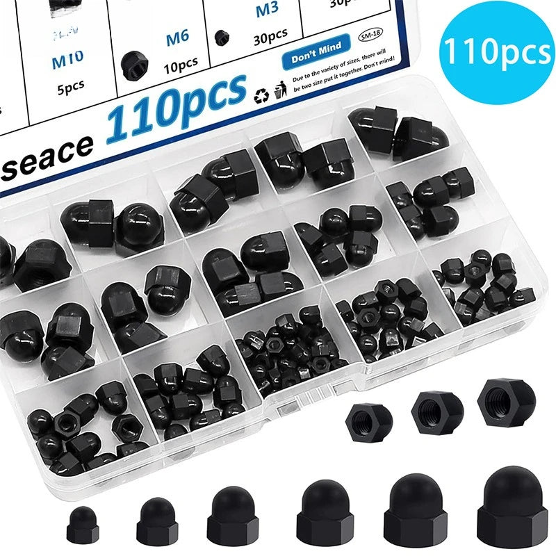 110-Pc Nylon Acorn Cap Nuts M3–M10 PA66 Black Kit + Storage Box Acorn Cap Nut Kit QXL 110PCS