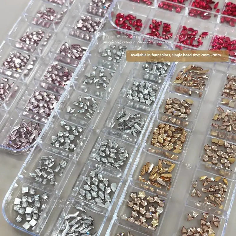 12-Grid Nail Rhinestones | Flat-Bottom Diamond Gems 50pc Set Nail Art Rhinestones QXL