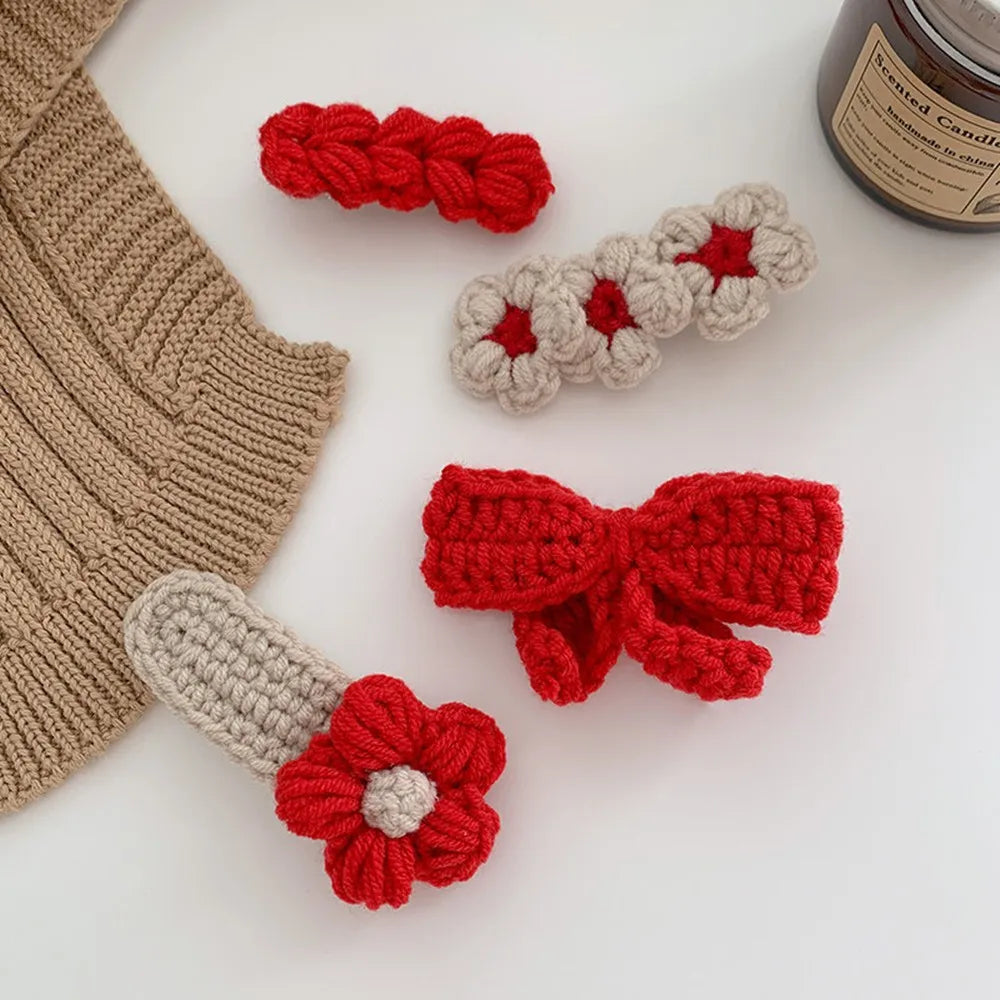 4-Pack Kids Knit Flower Bow BB Hair Clips | Festive Barrettes Kids Hair Clips QXL
