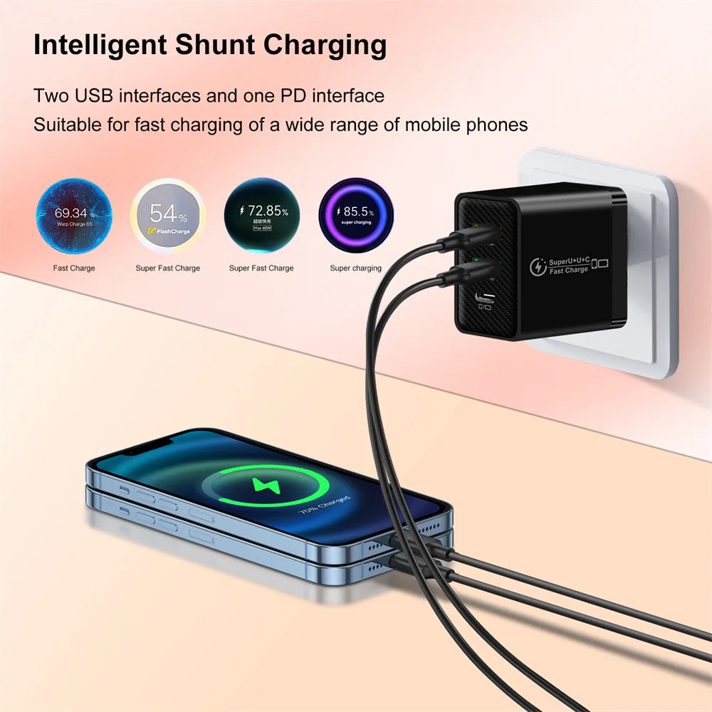 48W 3-Port USB-C PD Fast Charger | EU US UK Plug Adapter USB-C Wall Charger QXL