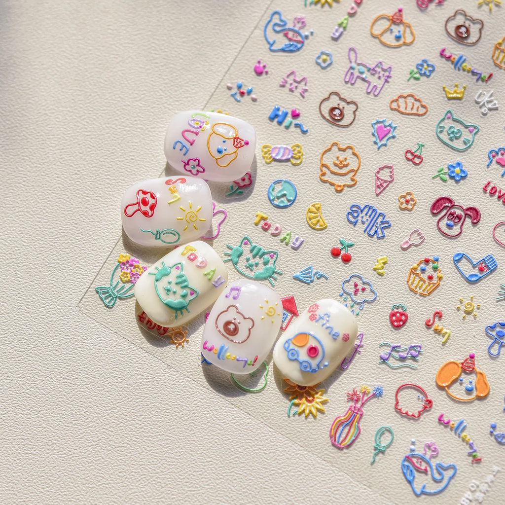 5D Embossed Nail Art Stickers | Cute Animal & Fruit Designs Nail Art Stickers QXL