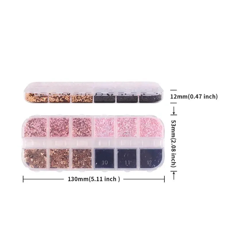 12-Grid Holographic Nail Glitter Sequins – Star Heart Round Nail Glitter Sequins QXL