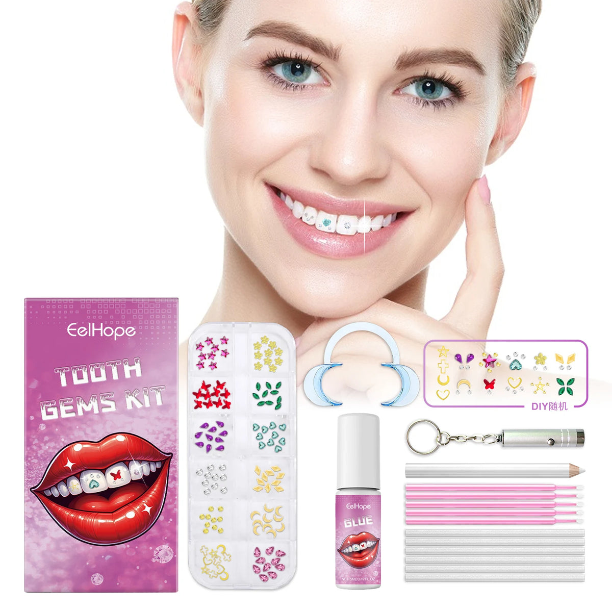 Tooth Gems DIY Kit with UV Lamp, Glue & Gem Pen | Crystals Tooth Gems Kit QXL