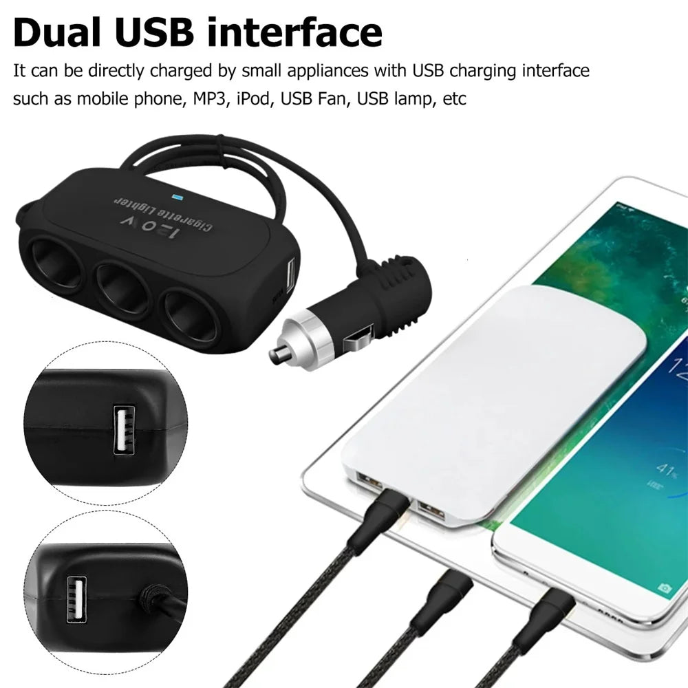 120W Car Cigarette Lighter Splitter 3-Socket USB-C Fast Charger Car Charger Splitter QXL