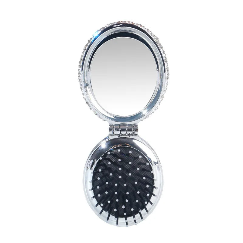 Diamond Pocket Mirror & Foldable Air Cushion Comb | 2-in-1 Compact Mirror Comb QXL