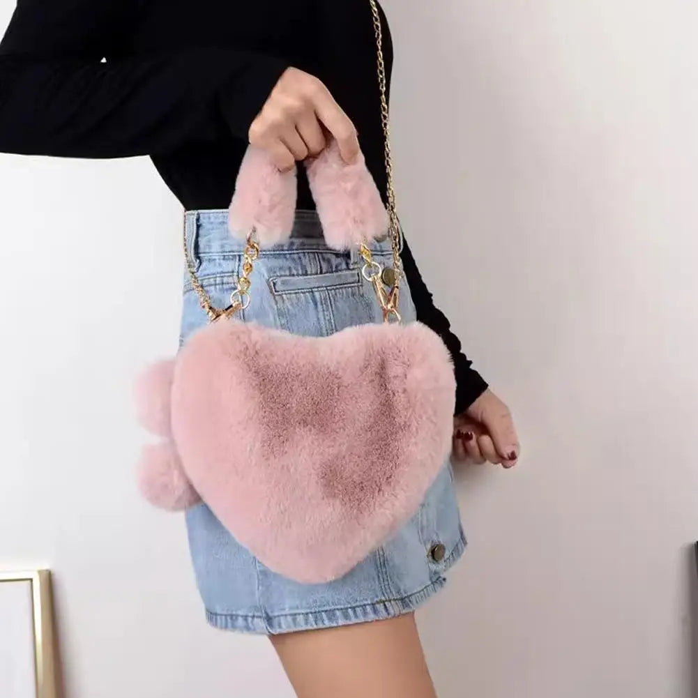 Plush Heart Shaped Shoulder Bag | Faux Fur Women's Clutch Purse Plush Shoulder Bag QXL