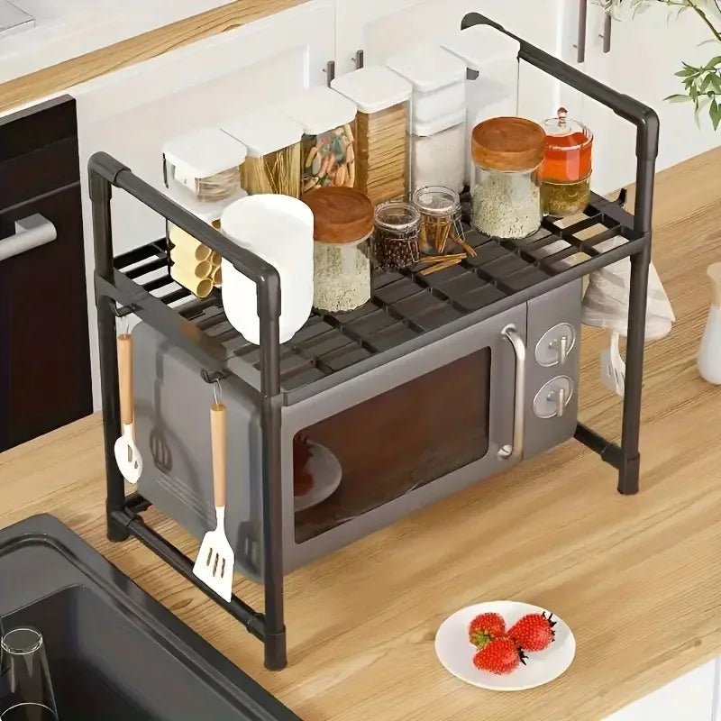 Adjustable Steel Microwave Oven Rack | Heavy-Duty Countertop Kitchen Organizer Rack QXL
