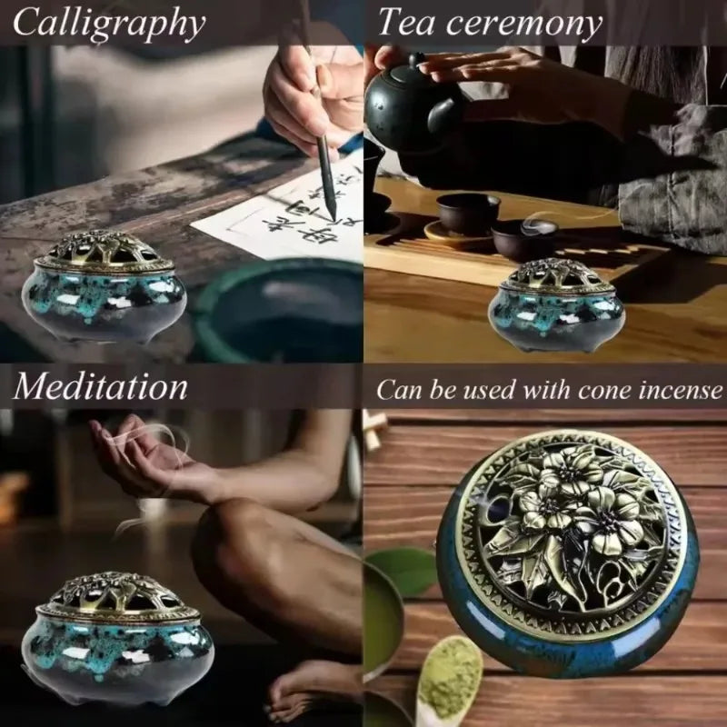 Ice Crack Ceramic Incense Burner with Hollow Lid | Cone & Stick Incense Burner QXL