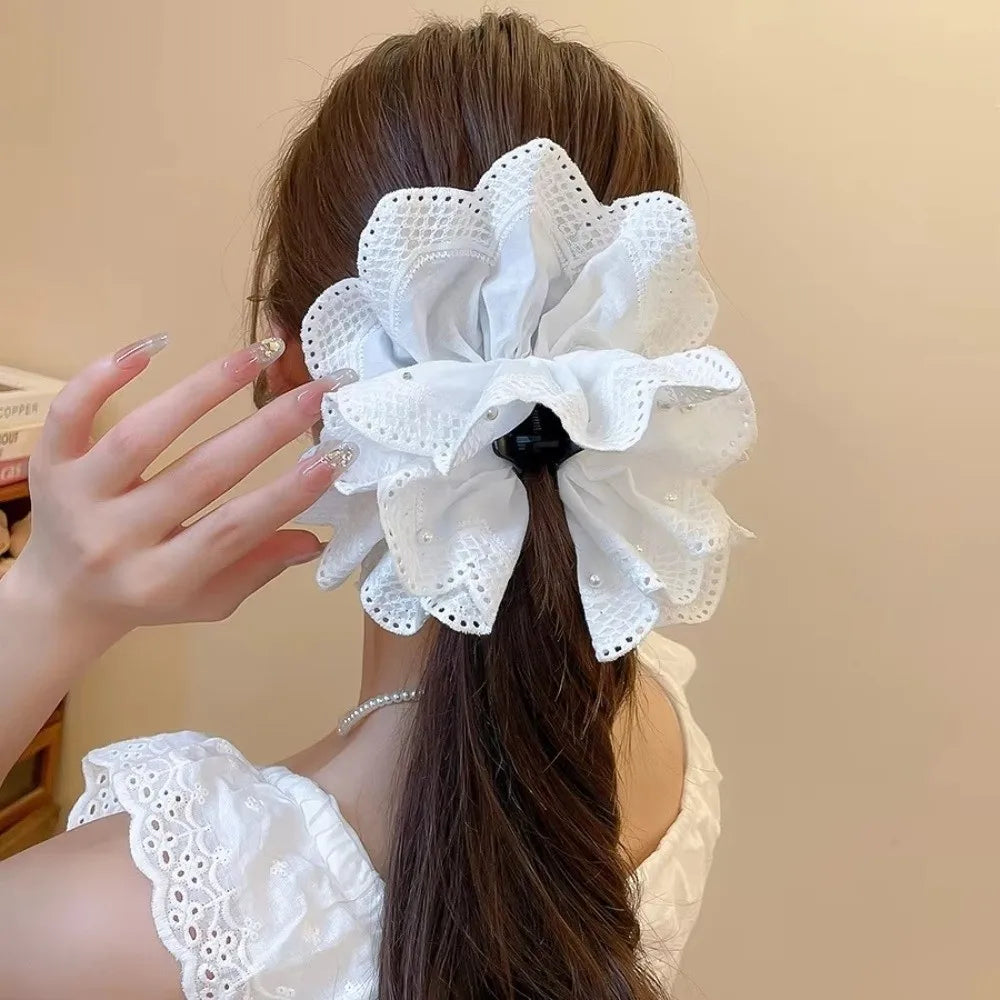 White Flower Lace Ponytail Shark Clip | Women's Hair Accessory Hair Shark Clip QXL