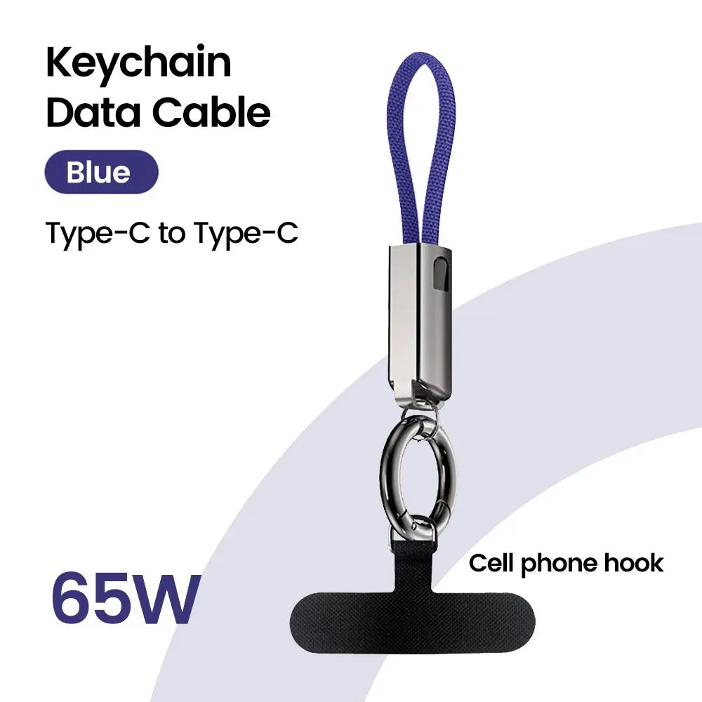 Keychain USB-C Cable PD 65W 3A Fast Charging 10cm Short Cord USB-C Charging Cable QXL Blue with hook