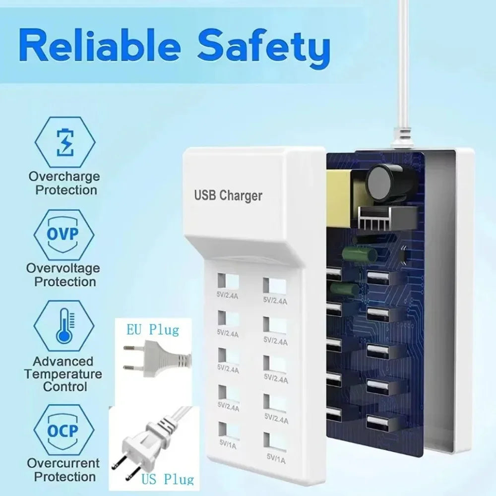 10-Port USB Charging Station | Smart Desktop Hub EU/US/UK USB Charging Station QXL
