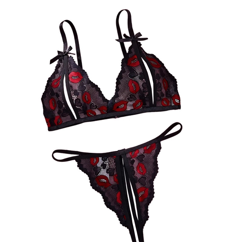 Women's Lace Bralette & Panty Set | Bow Lip Print Lingerie Lingerie Set QXL
