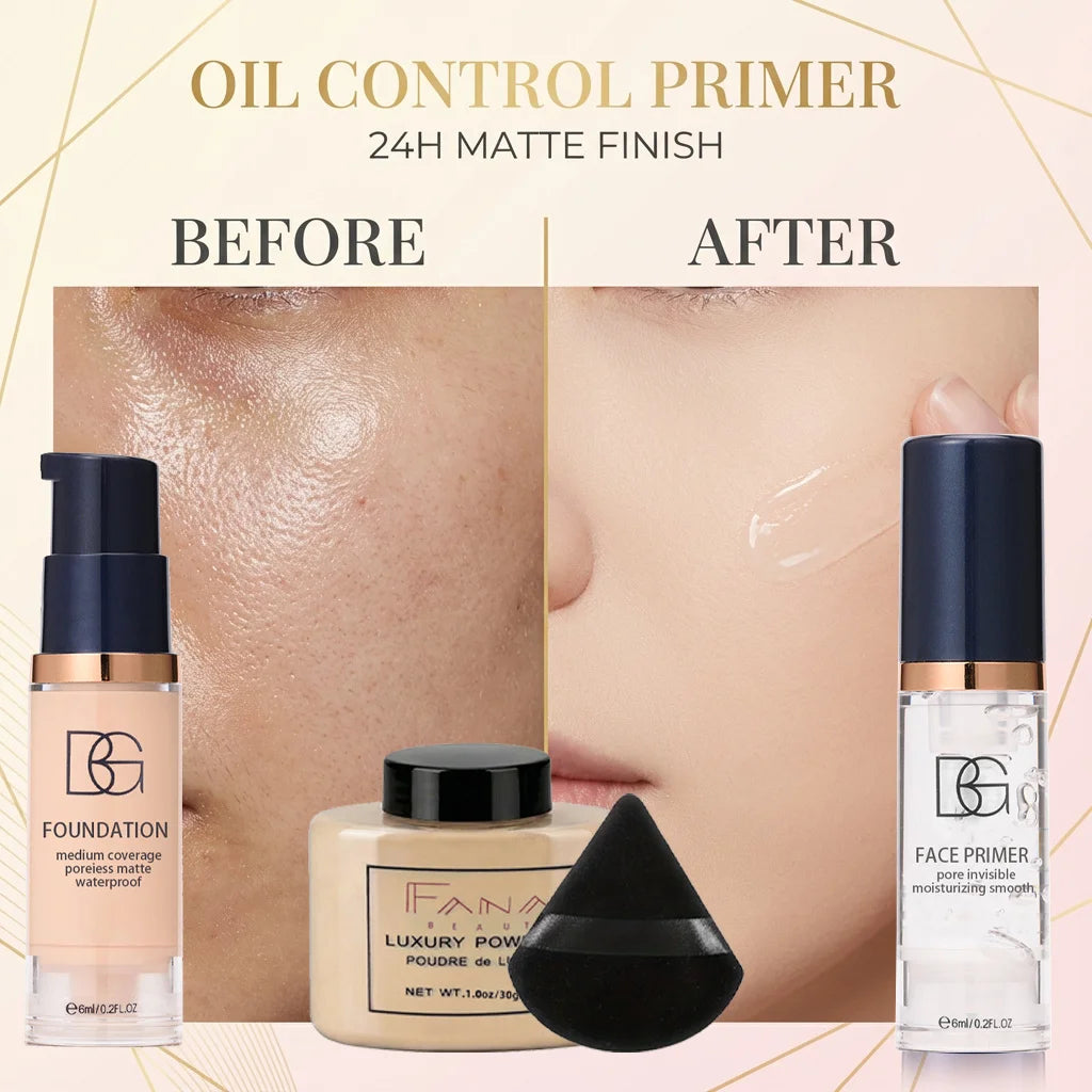 4-Pc Face Makeup Set | Primer, Foundation, Powder & Puff Face Makeup Set QXL