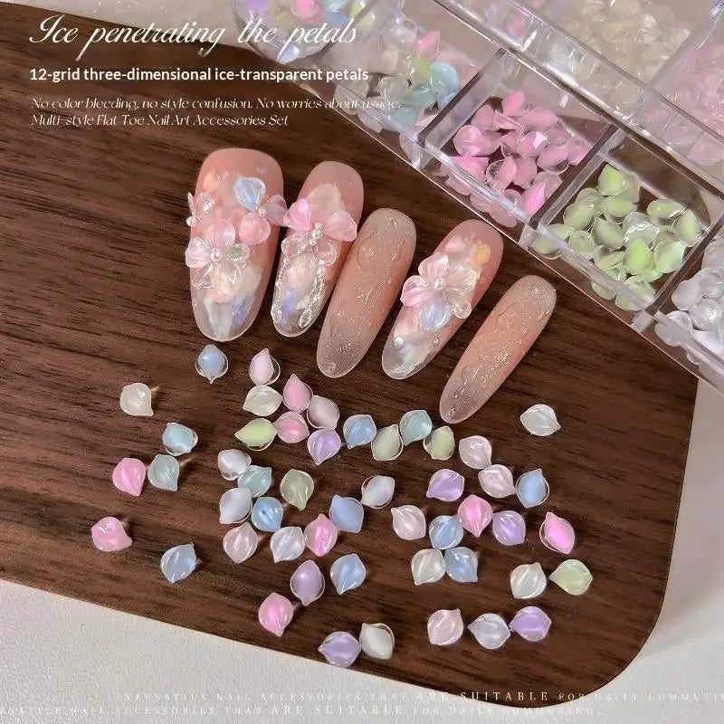 12-Grid 3D Resin Petal Nail Art Charms | 12 Pastel Colors Set Nail Art Charms QXL