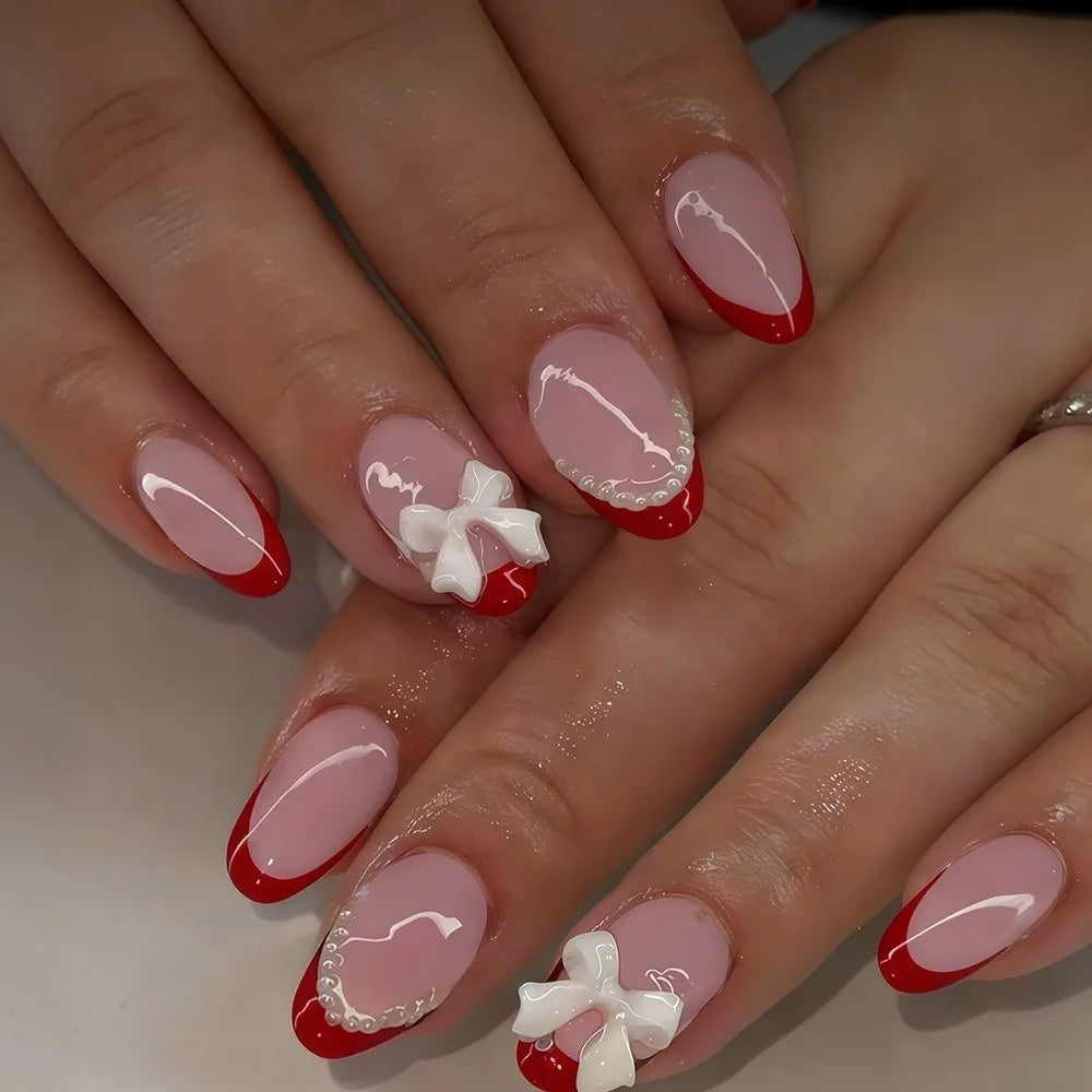 Almond Press-On Nails Bow Charms | Glossy Y2K Full Cover Set Press-On False Nails QXL