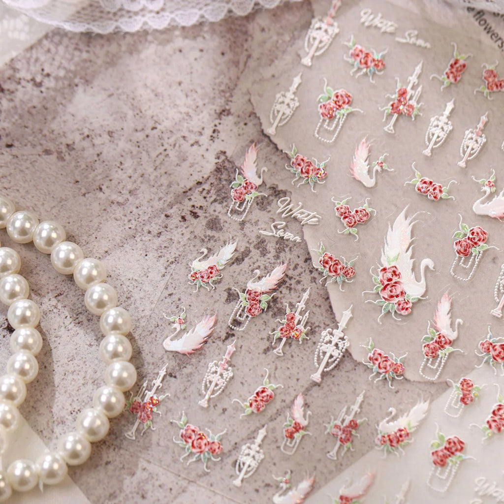 5D Embossed Nail Stickers | Vintage Rose Swan Lace Decals 5D Nail Stickers QXL