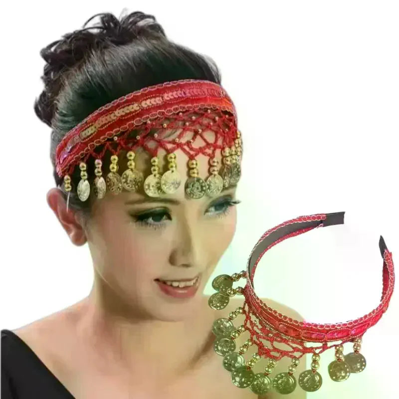 Ethnic Belly Dance Headband | Red Sequin Coin Fringe Headpiece Dance Headband QXL