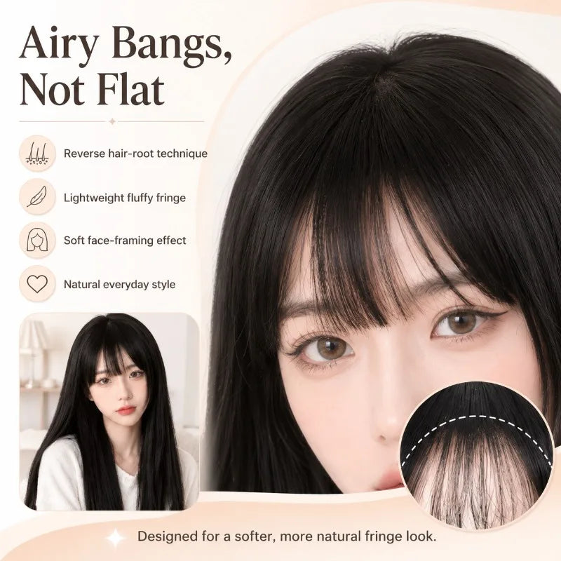 Long Straight Black Wig – Air Bangs & S-Shape Parting Synthetic Hair Wig QXL