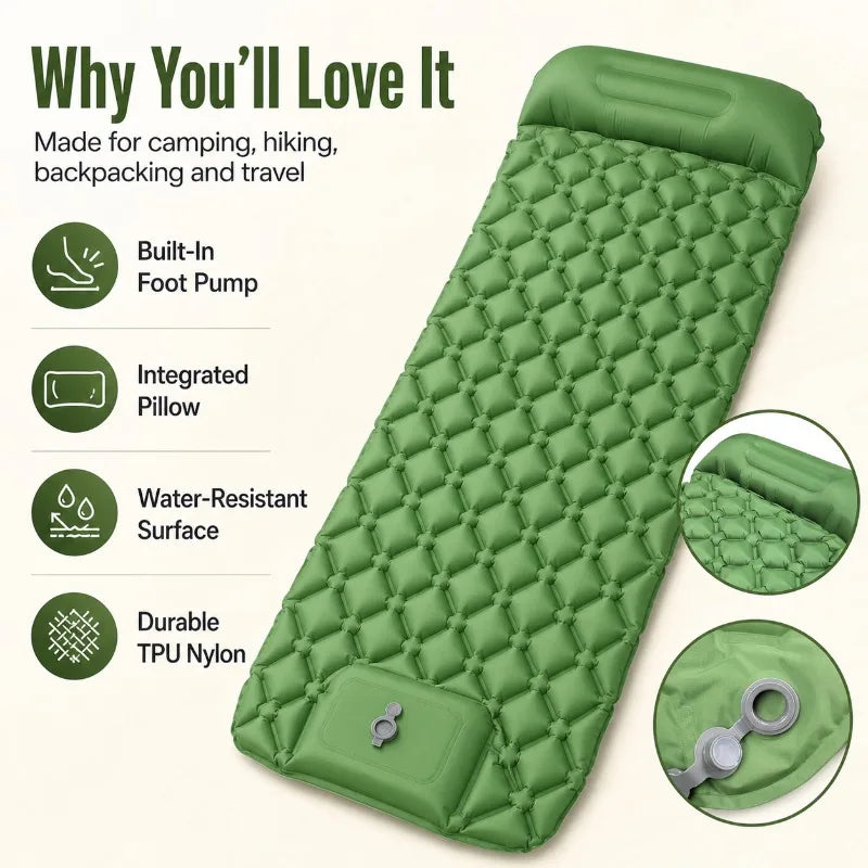 Camping Inflatable Sleeping Pad | Foot Pump & Pillow | TPU Inflatable Sleeping Pad QXL