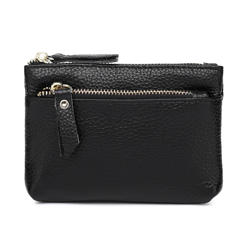 Mini Genuine Cowhide Leather Zipper Wallet | Women's Coin Purse Leather Coin Wallet QXL black