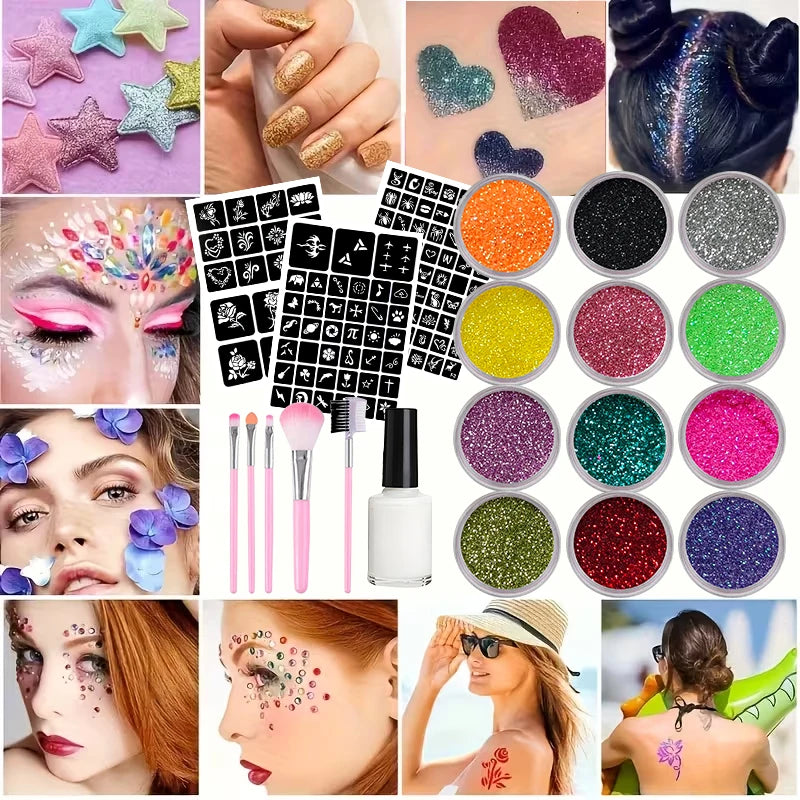 12-Shade Glitter Temporary Tattoo Kit | Stencils & Glue Temporary Tattoo Kit QXL 4pcs