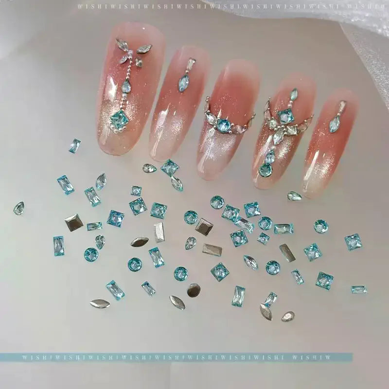 50-Pc Blue Flat-Back Nail Rhinestones | Heart & Square Gems Nail Art Rhinestones QXL