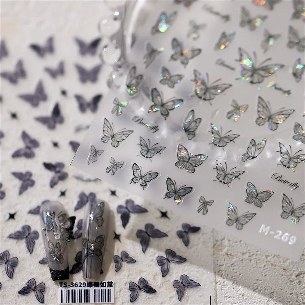 5D Black Butterfly Nail Stickers | Kawaii Glitter Decals Nail Art Stickers QXL