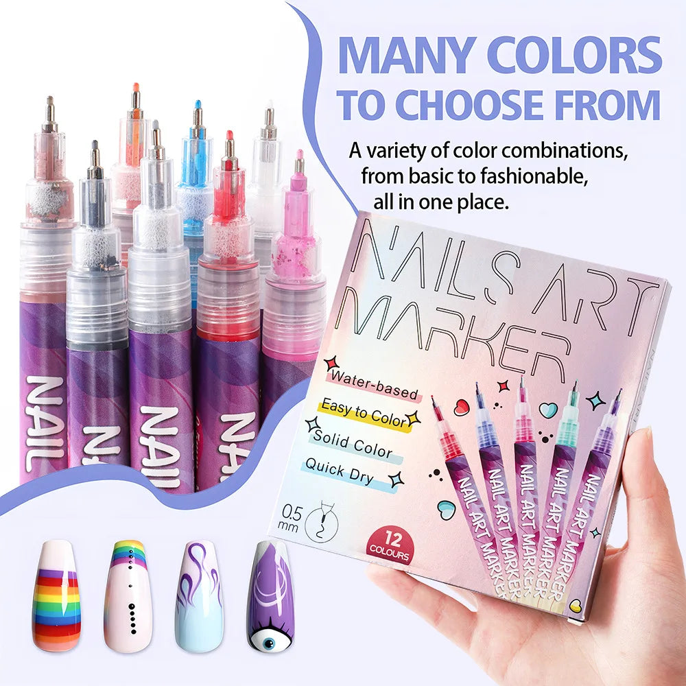 12-Pc Nail Art Graffiti Pens | 12 Colors Waterproof Marker Set Nail Art Pens QXL