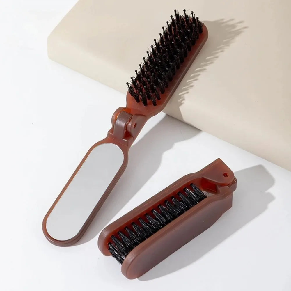 Folding Hair Comb with Mirror | Boar Bristle Anti-Static Folding Hair Comb QXL
