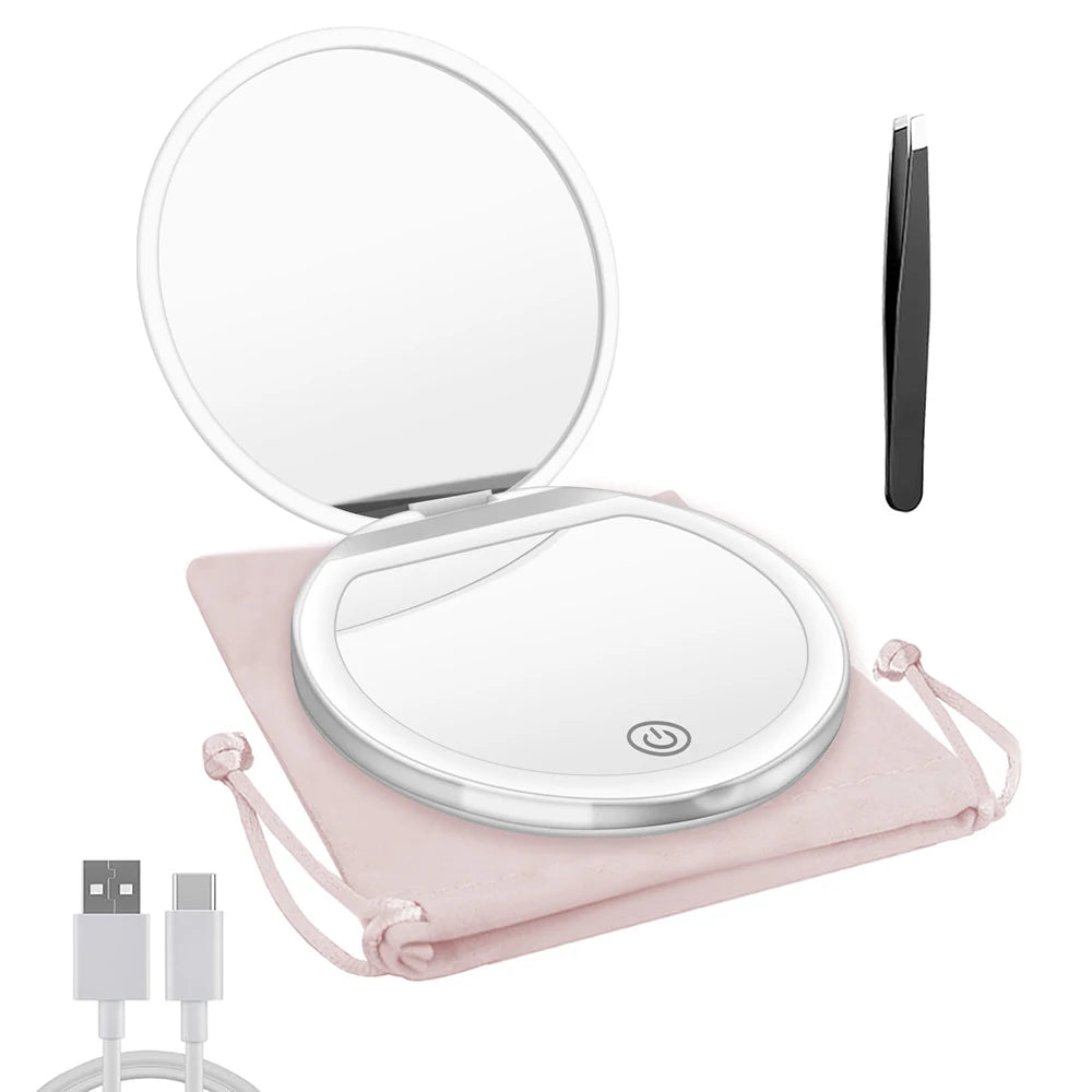 LED Compact Mirror 1X/3X Magnification | USB Rechargeable Pink LED Compact Mirror QXL white-tweezer-bag