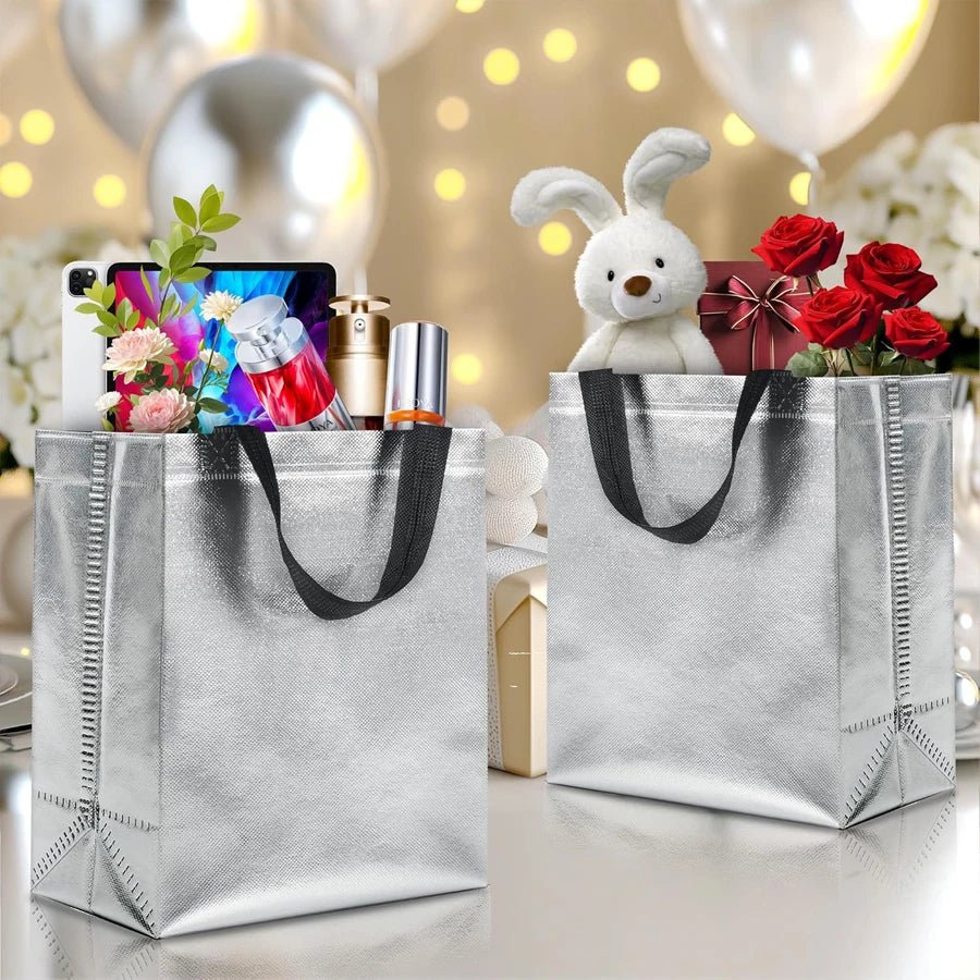 Silver Metallic Gift Bags with Handles | 8 & 16-Pack 10x4x8in Metallic Gift Bags QXL
