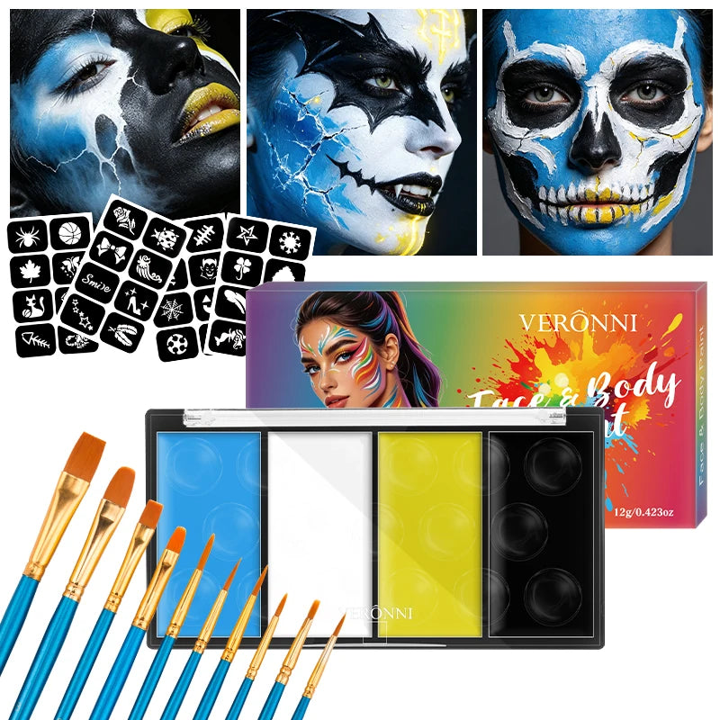 VERONNI 4-Color Face & Body Paint Kit with Brush & Stencils Face & Body Paint QXL