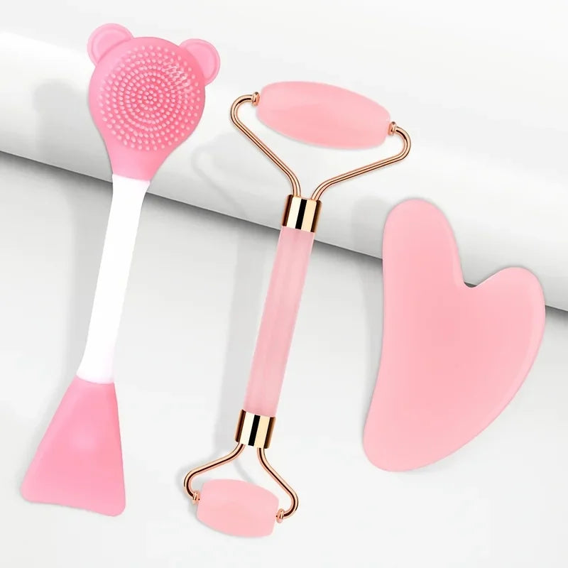 Jade & Rose Quartz Facial Roller & Gua Sha Scraping Set Facial Roller Set QXL