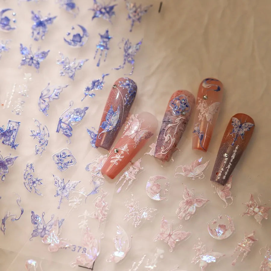 5D Kawaii Butterfly Nail Stickers | Shiny AB Self-Adhesive Decals Nail Art Stickers QXL