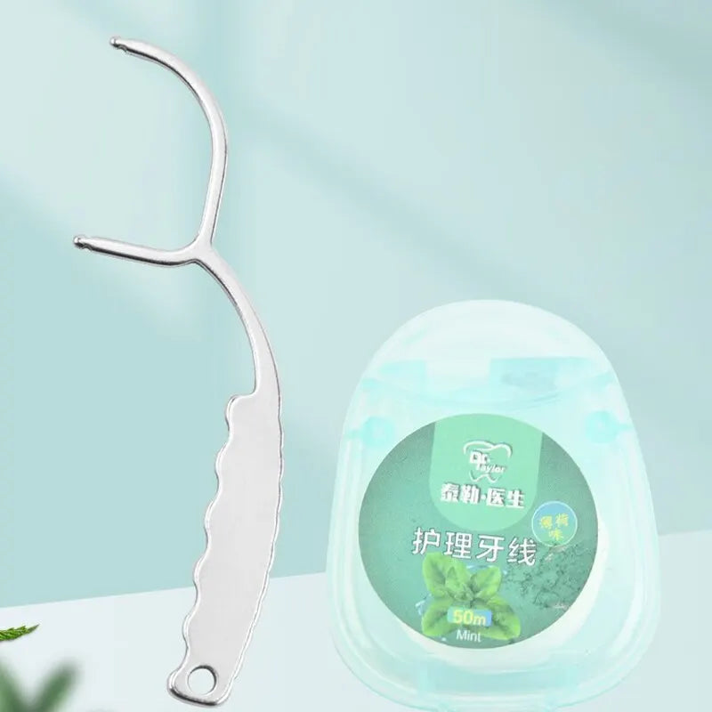 Reusable Stainless Steel Dental Floss Handle & Toothpick Dental Floss Holder QXL