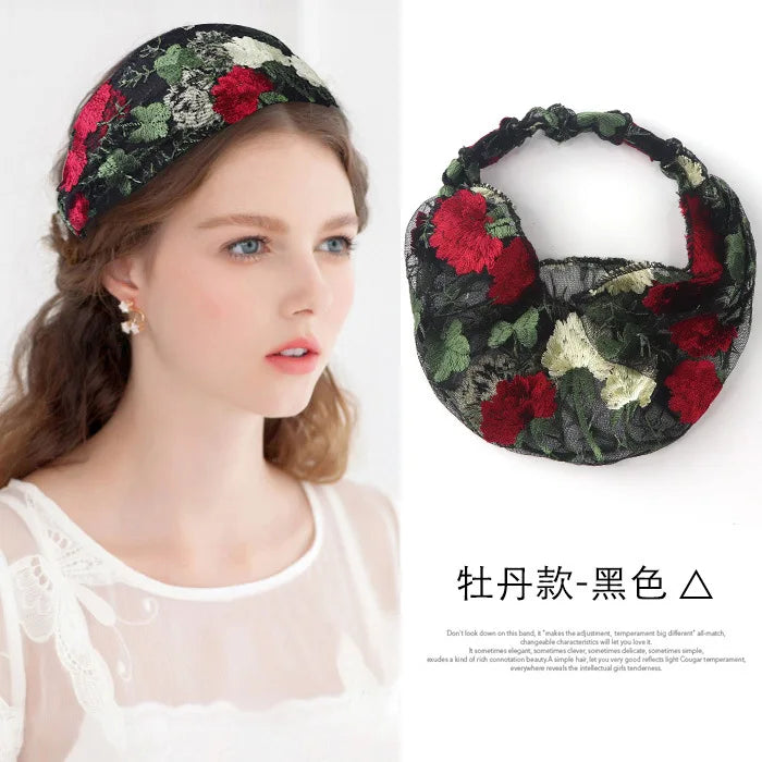 Embroidered Floral Mesh Headband | Elegant Turban Style Floral Mesh Headband QXL DM1245