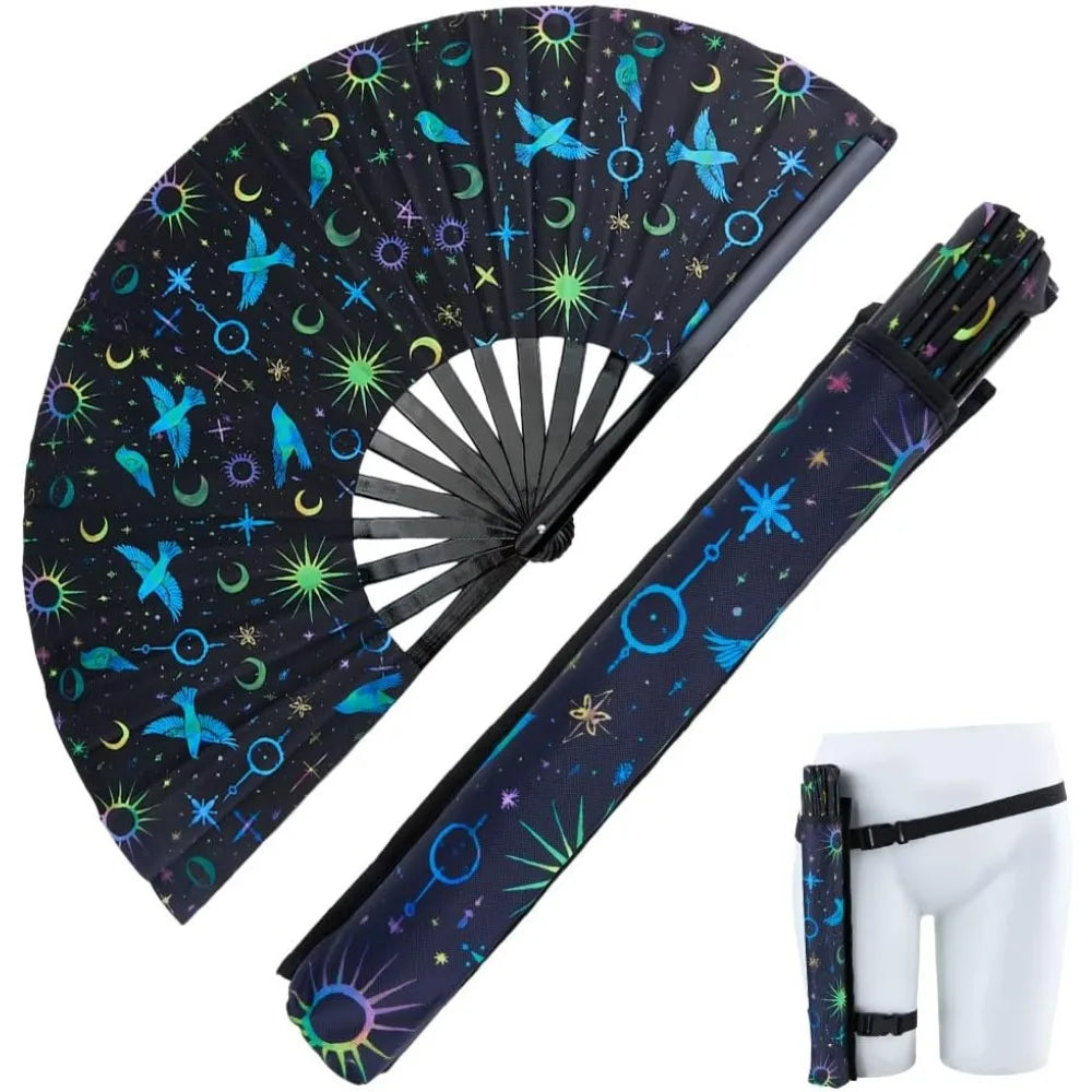 12.99" UV Glow Bamboo Folding Fan with Bag & Belt | Rave Dance Decorative Folding Fan QXL