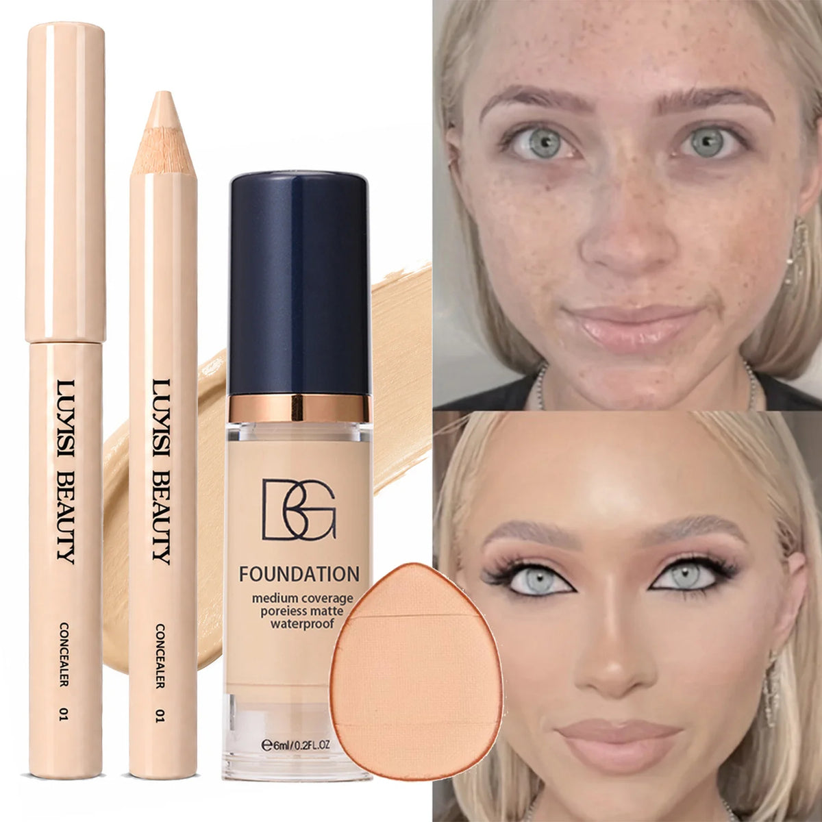 3-Piece Makeup Set: Concealer, Liquid Foundation & Puff Kit Foundation Makeup Set QXL