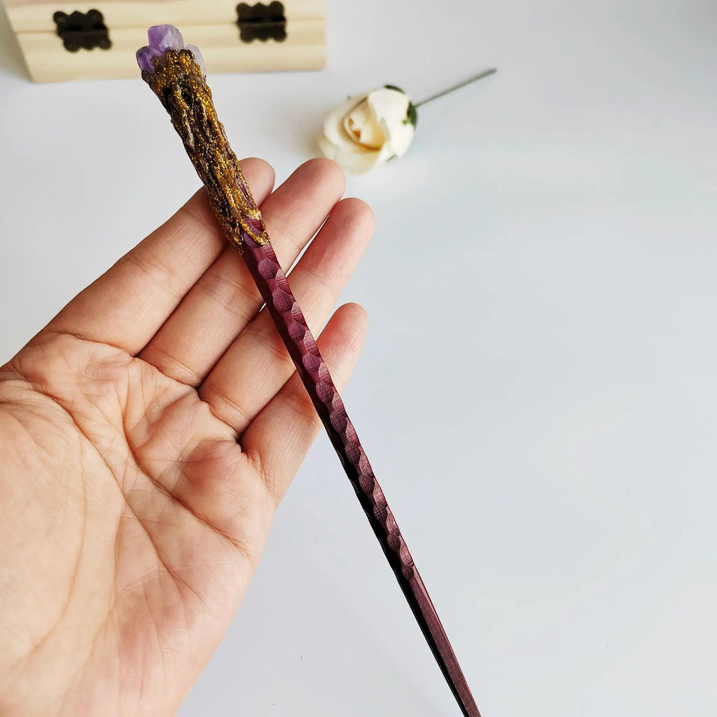 Sandalwood & Amethyst Magic Wand Hair Pin | Wooden Hairpin Crystal Hair Pin QXL