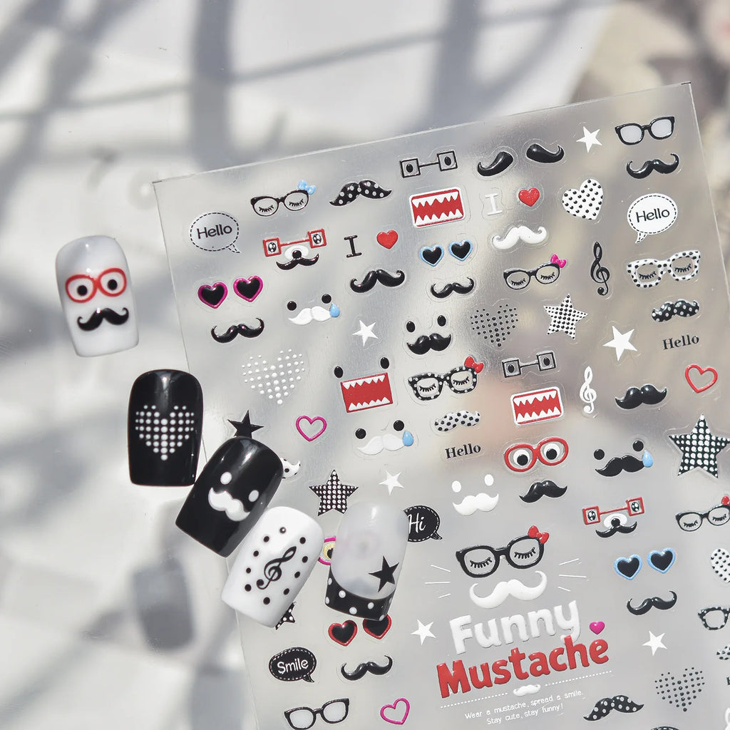 5D Black & White Funny Nail Stickers | Self-Adhesive Decals Nail Art Stickers QXL