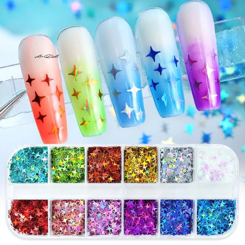 3D Laser Star Nail Sequins | Colorful DIY Gel Nail Art Charms Nail Art Sequins QXL