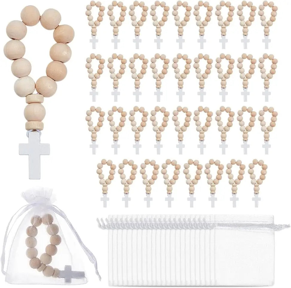 36-Pack Mini Wooden Rosary Beads with Cross Pendant | 3.6" Rosary Bead Set QXL AECH04-17007