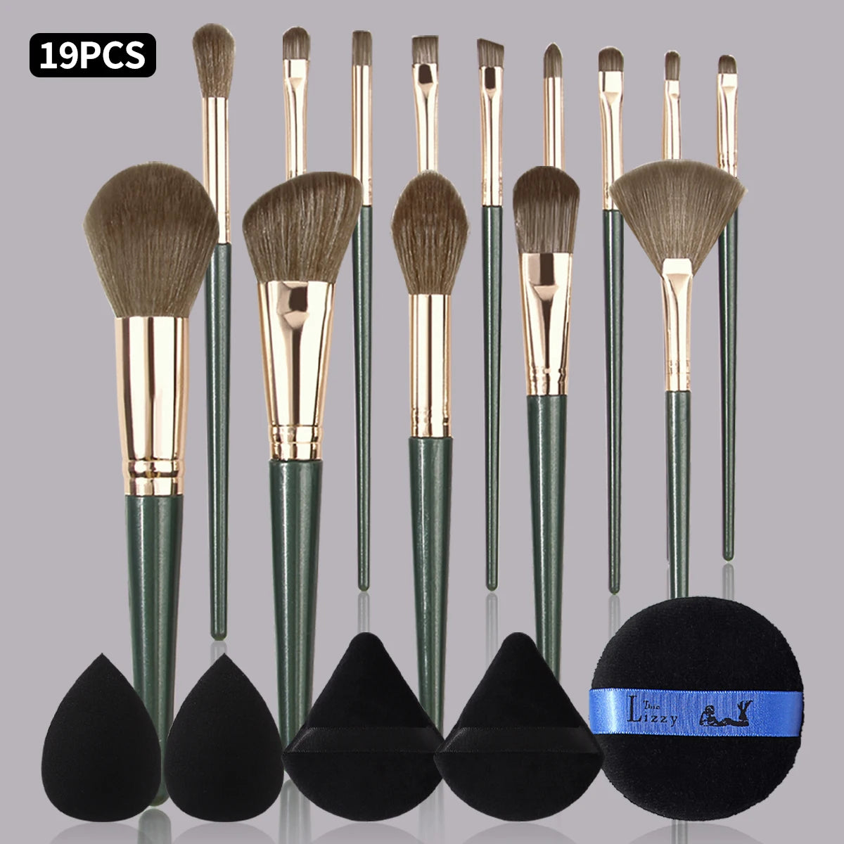 19-Pc Makeup Brush Set with Sponge & Puff | Dark Green Kit Makeup Brush Set QXL green